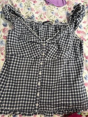 Brandy Melville Navy and White Plaid Button-Front Women's Top